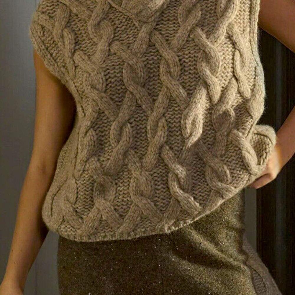 Lunya Lofty Wool Alpaca Cable Knit Sweater Vest Dally Oat Tan  L XL